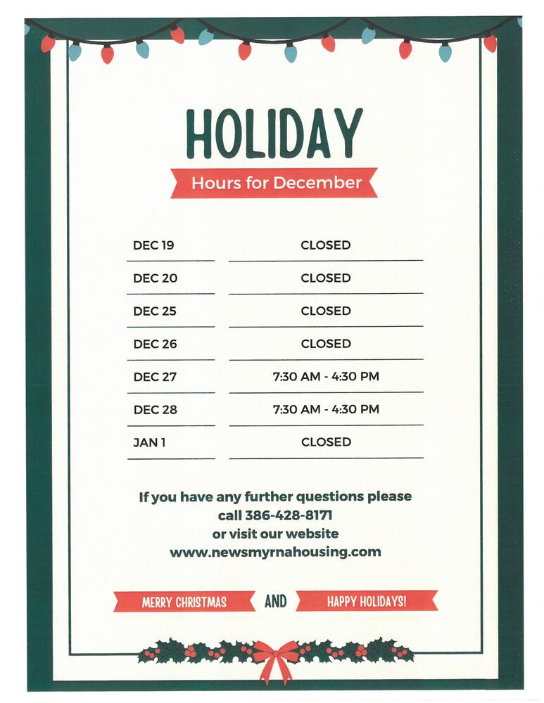 Holiday Hours December. All above text included