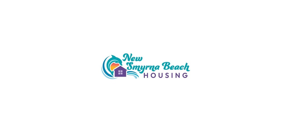 New Smyrna Beach Housing Logo with Agency Name, dolphin, sun, house, and ocean wave
