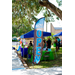 The open sign and vendors setting up. 